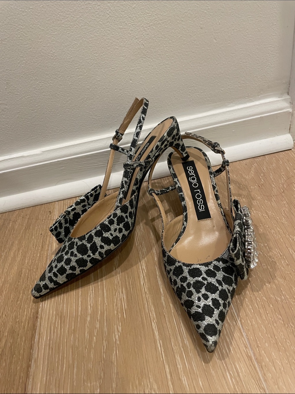Sergio Rossi Black & Silver Leopard-Print Slingback Pumps